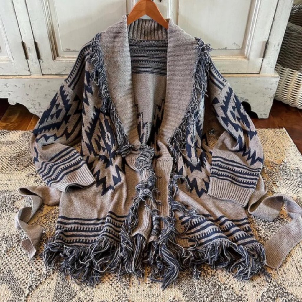 Western Aztec Tribal Print Grey Long Belted Cardigan Sweater Shirt Top Coat